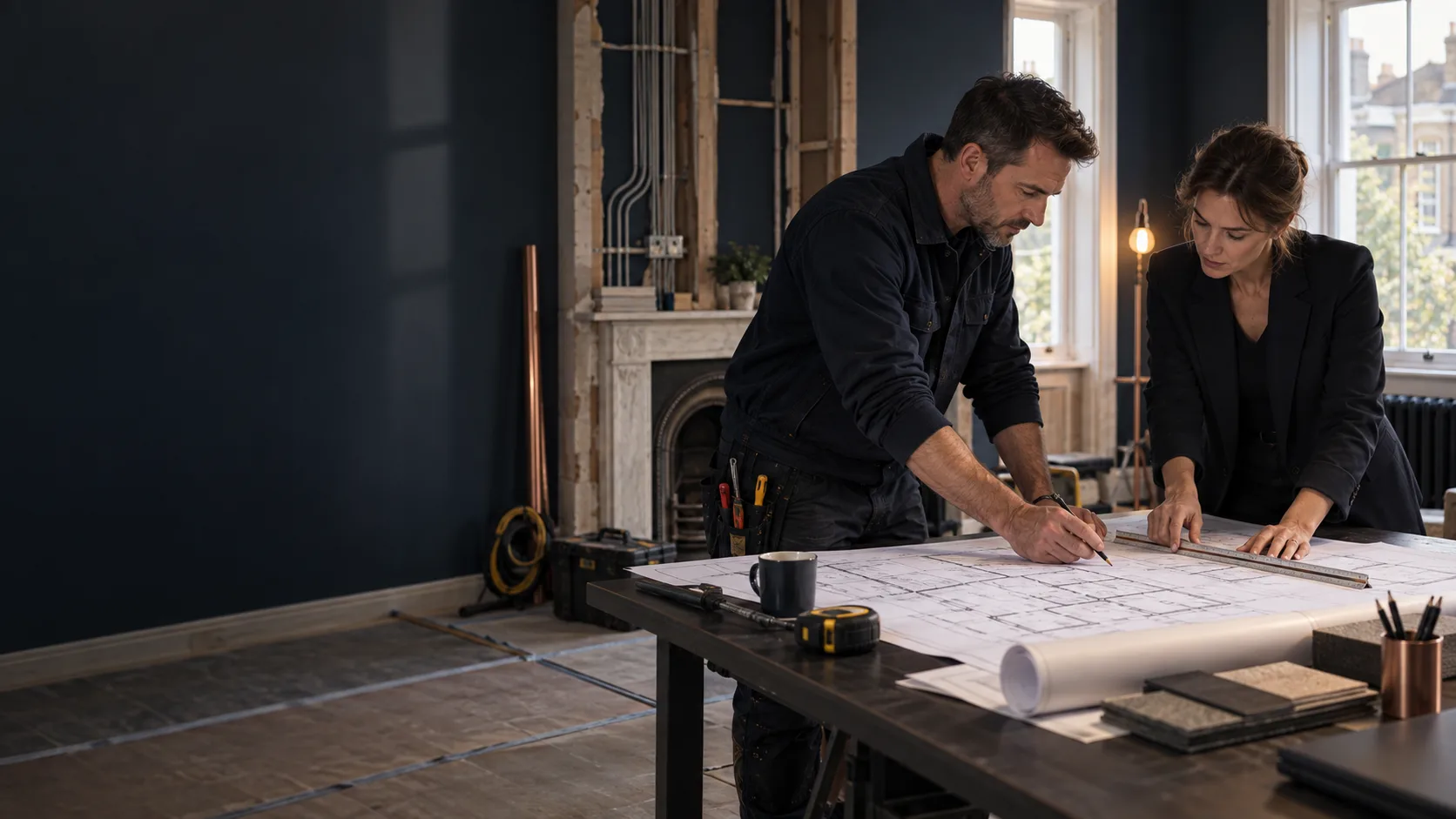 Electrician and interior designer reviewing architectural drawings together before first fix on a London house rewire
