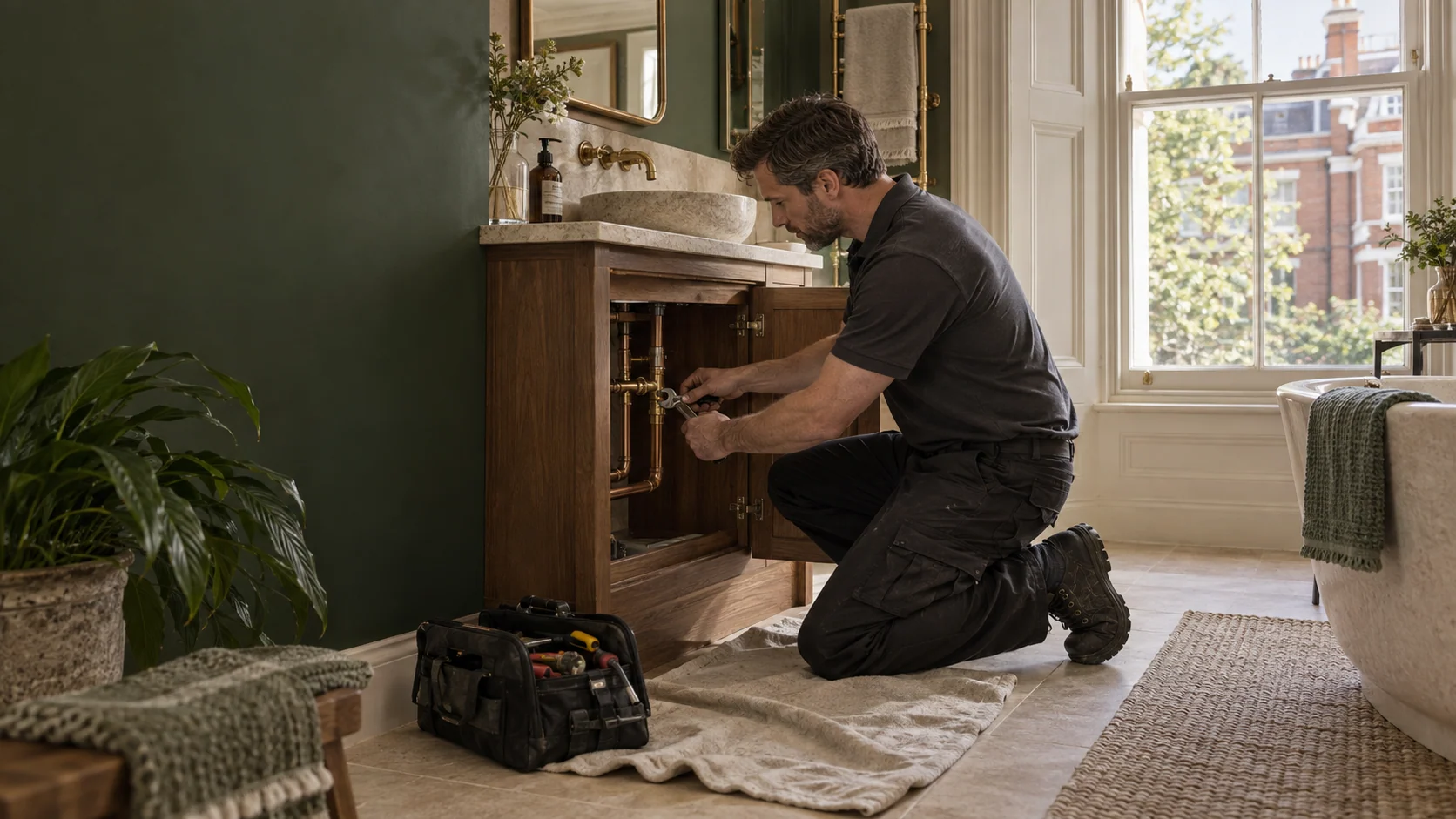Illustration of a plumber working on accessible pipework beneath a bathroom basin.