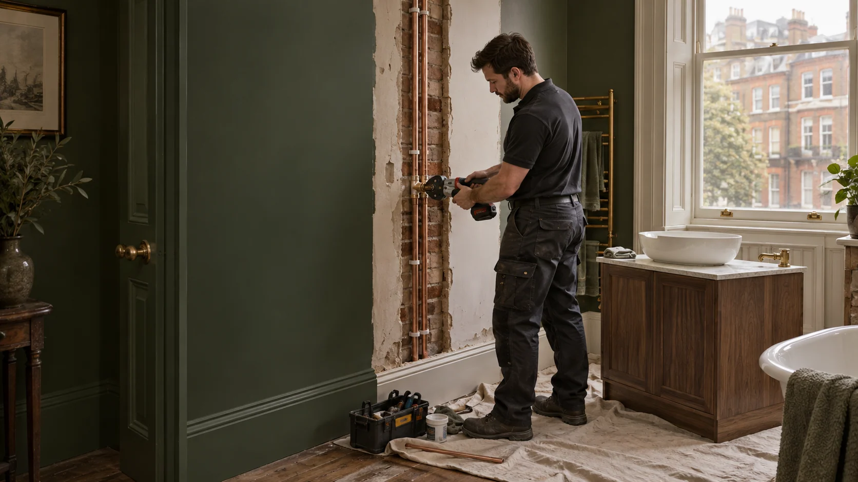 Illustration of a plumber fitting copper pipework during a period-apartment refurbishment.