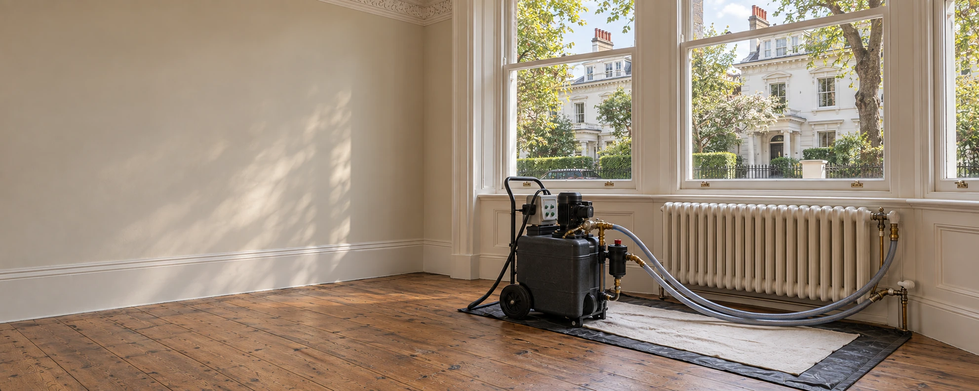 Illustration of powerflushing equipment beside a radiator, with St John's Wood villas visible through the window.