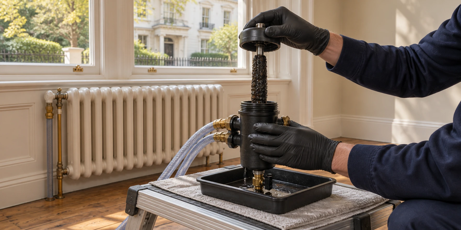 Illustration of an engineer lifting a sludge-coated magnetic filter rod above a protective tray.