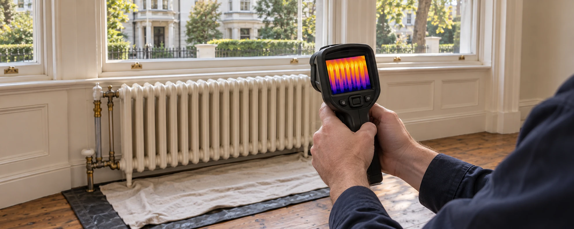 Illustration of a thermal camera checking warm and cool areas of a cast-iron radiator.