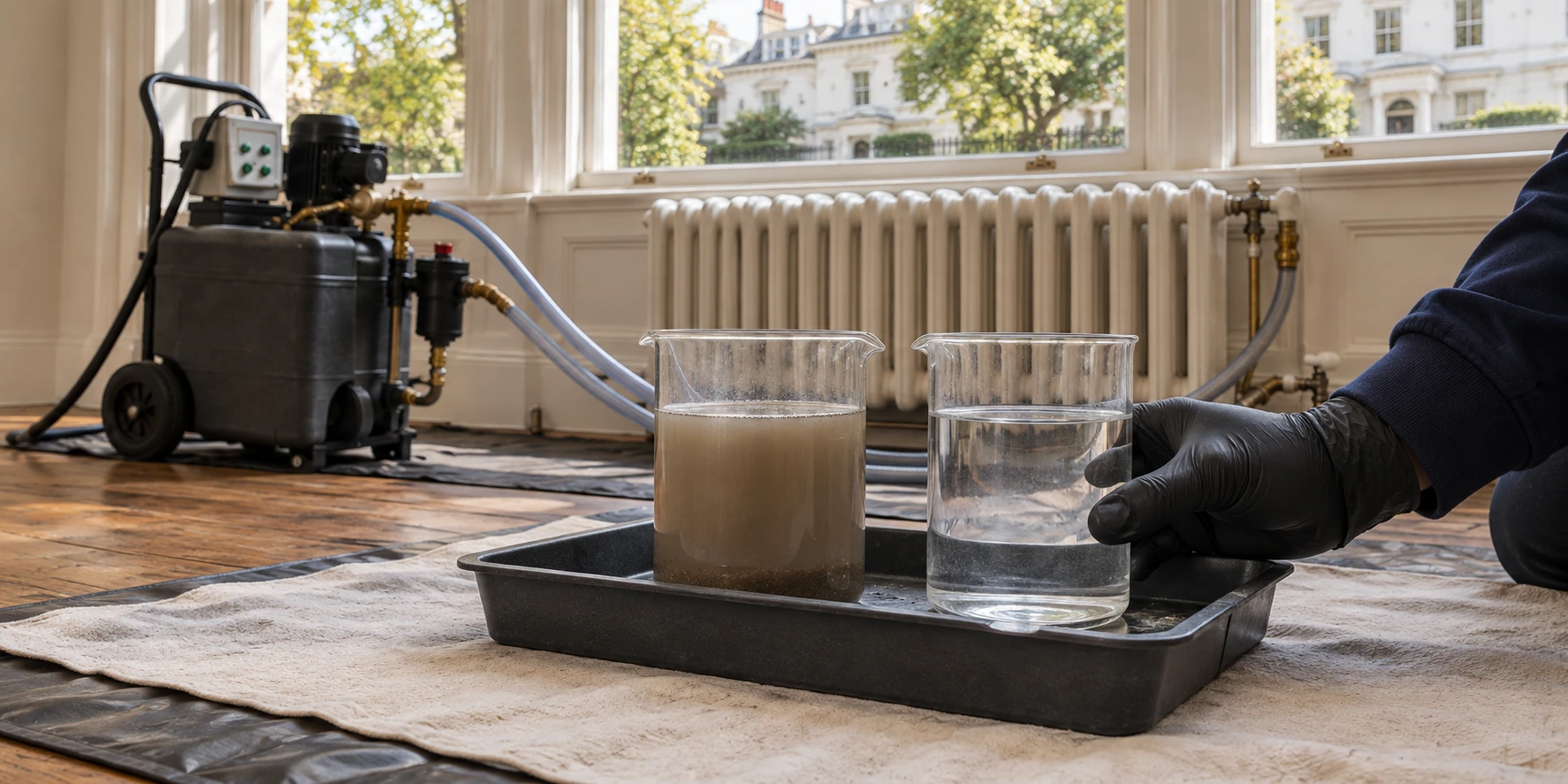 Illustration comparing cloudy and clear heating-system water samples beside powerflushing equipment.