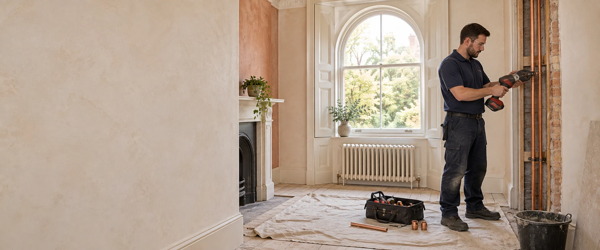 Illustration of copper pipework installation in a St John’s Wood-inspired period home.