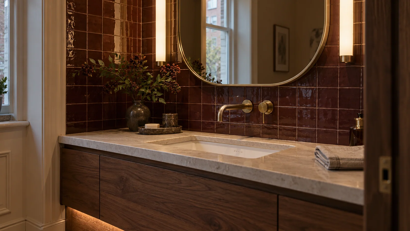 Oval bathroom mirror with warm side lighting above a walnut vanity and burgundy tiles.