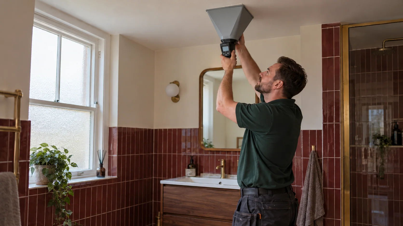 Installer checking a ceiling extract terminal with a handheld airflow capture cone in a finished bathroom.