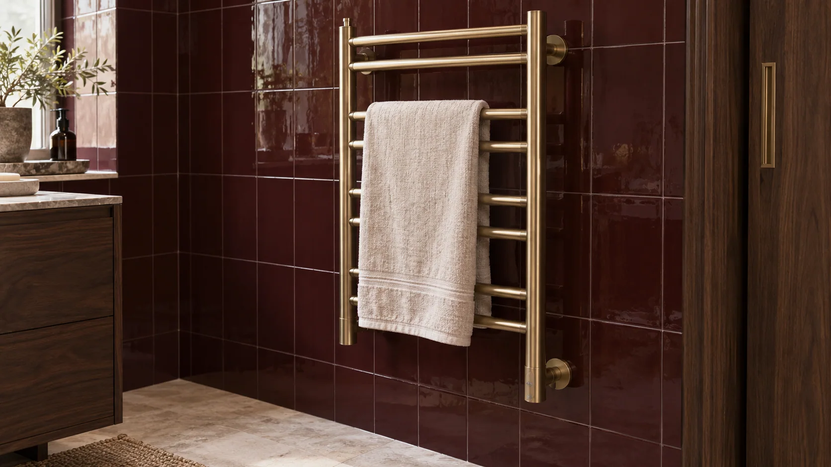 Brushed-brass electric towel rail with a fitted control at its base against burgundy bathroom tiles.