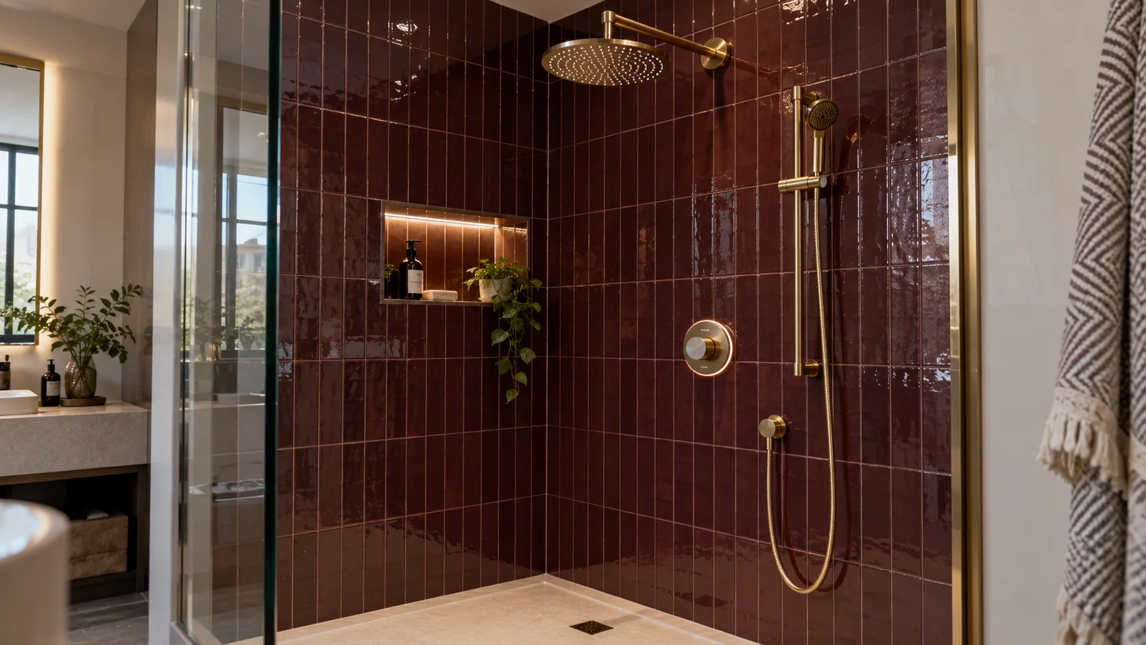 Compact digital mixer-shower control beside a brass shower set and dark burgundy tiled wall.