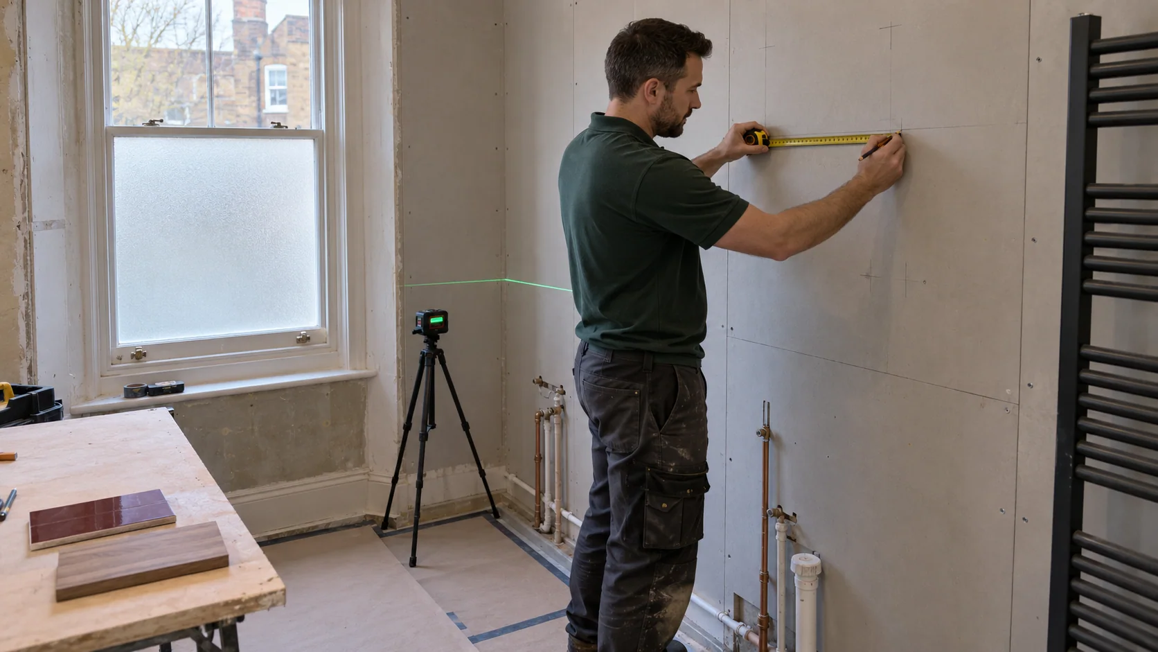 Electrician marking a planned mirror position with a tape measure and laser level before bathroom finishes are installed.