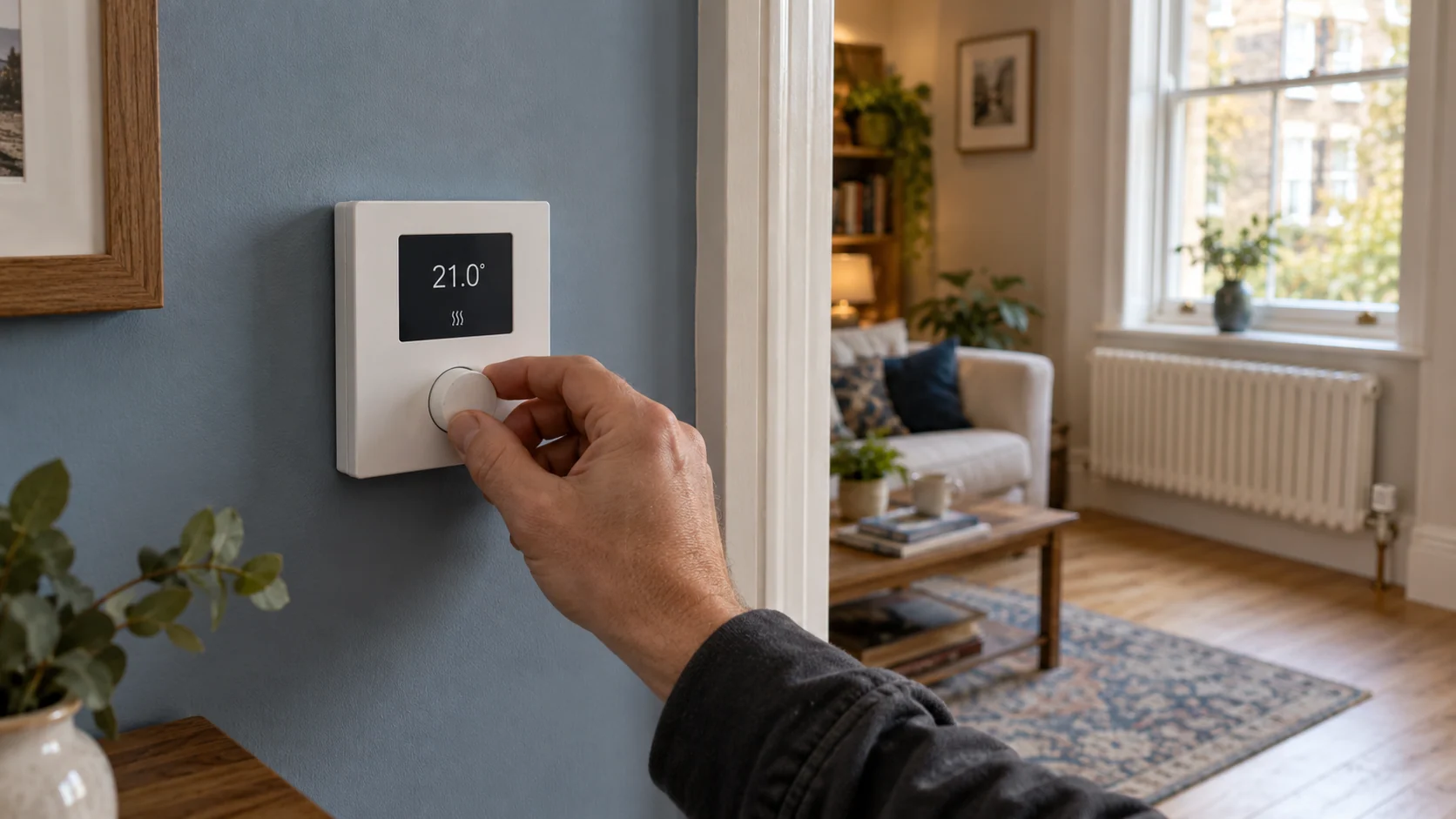 Heating engineer adjusting a wall-mounted room controller in a blue and oak residential interior