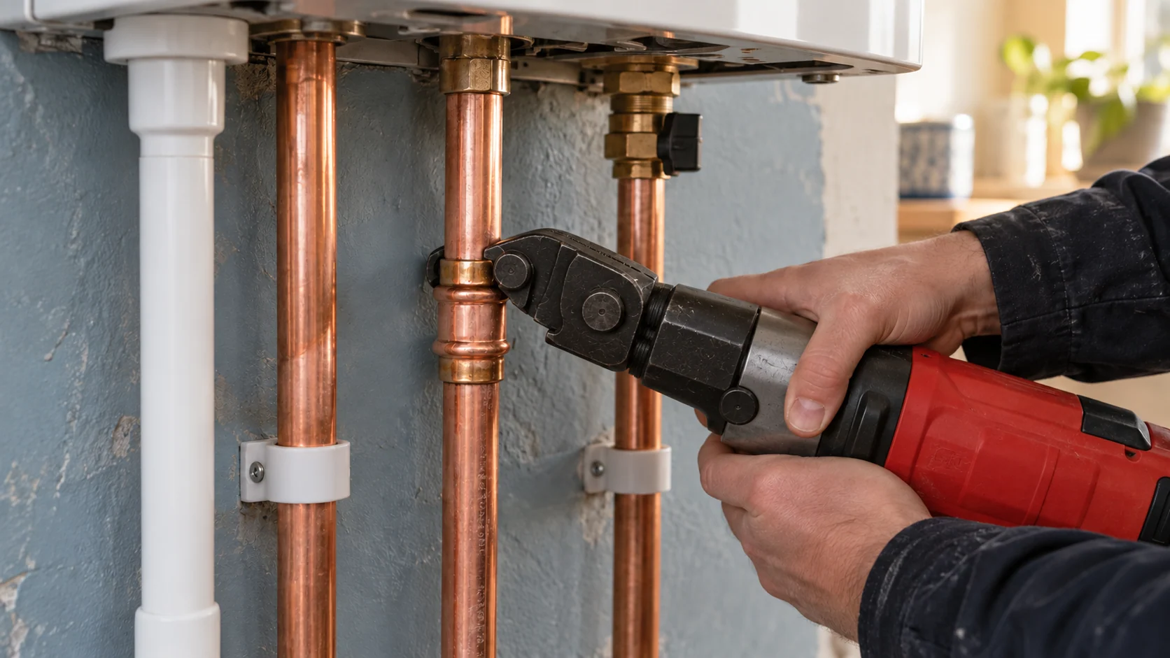 Close-up of a hydraulic press tool positioned around a copper heating pipe coupling below a boiler