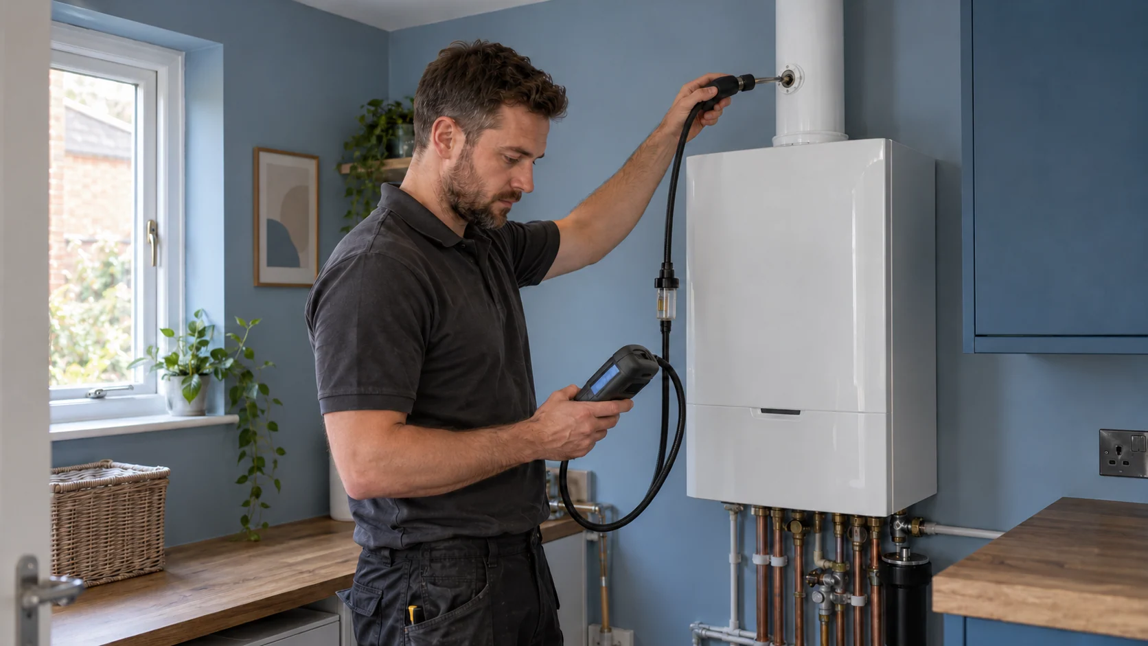 Heating engineer using a flue-gas analyser at the sampling port above a closed boiler