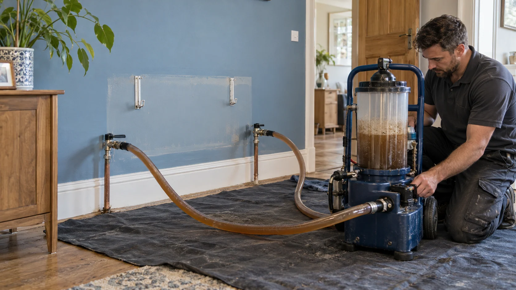 Powerflushing machine connected by two hoses to heating-circuit valves where a radiator has been temporarily removed