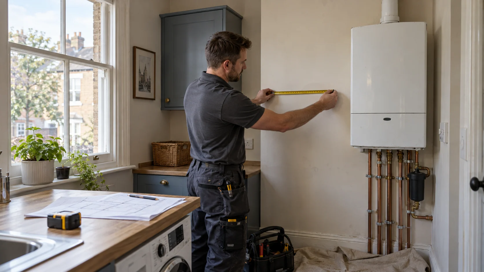 Heating engineer measuring service access beside an existing boiler during a home renovation survey