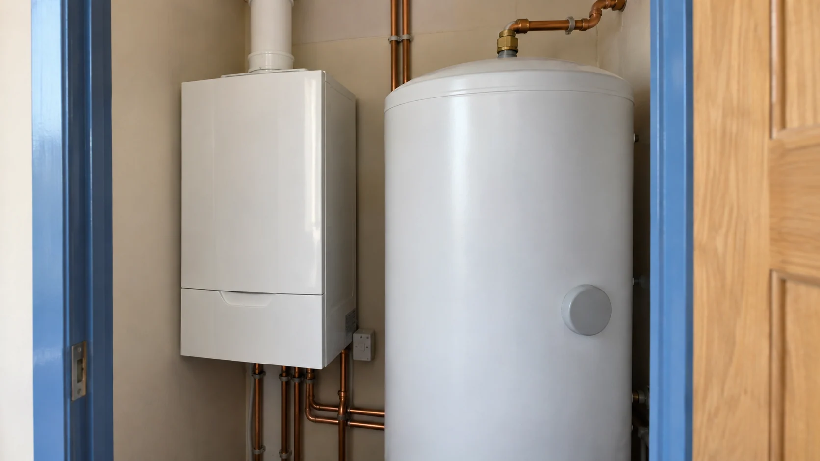 System boiler beside an insulated hot-water cylinder in a domestic utility cupboard