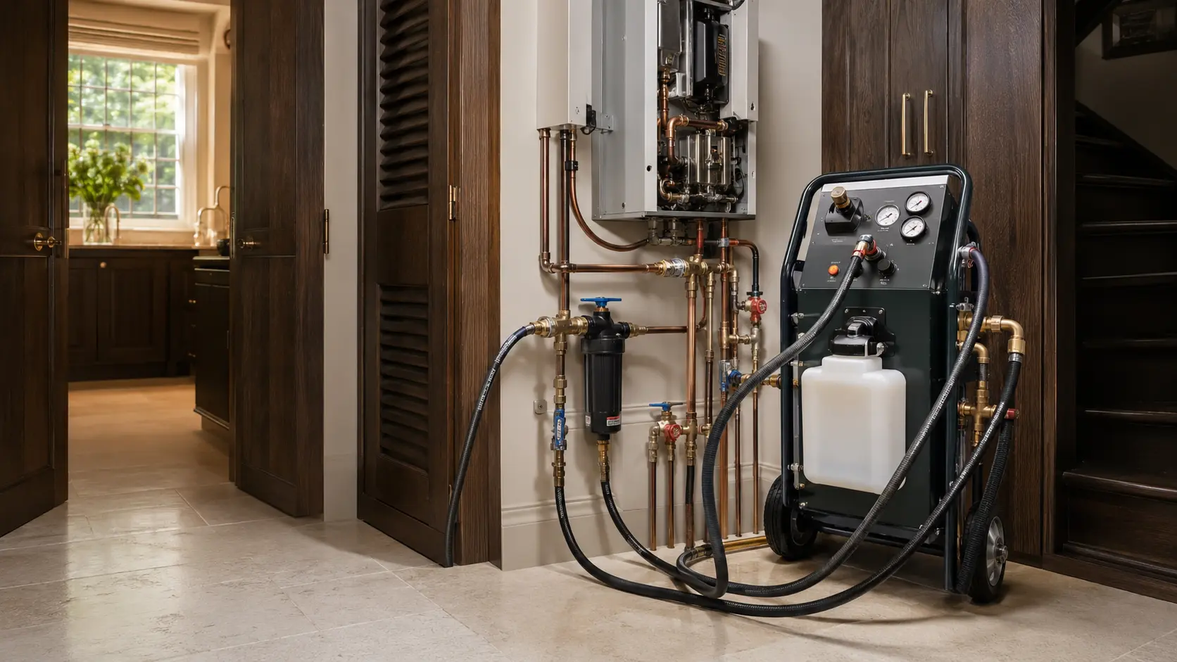 Professional PowerFlush machine connected to the heating circuit in a Chelsea home.