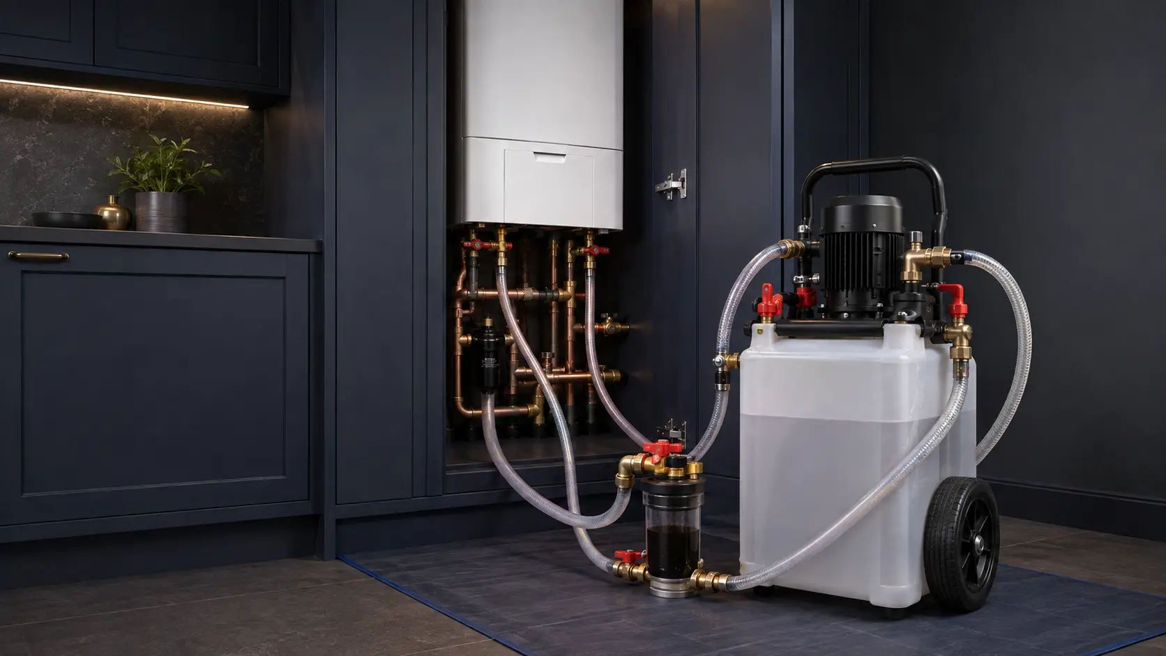 High-capacity PowerFlush machine connected to a heating circuit beside a wall-mounted boiler.