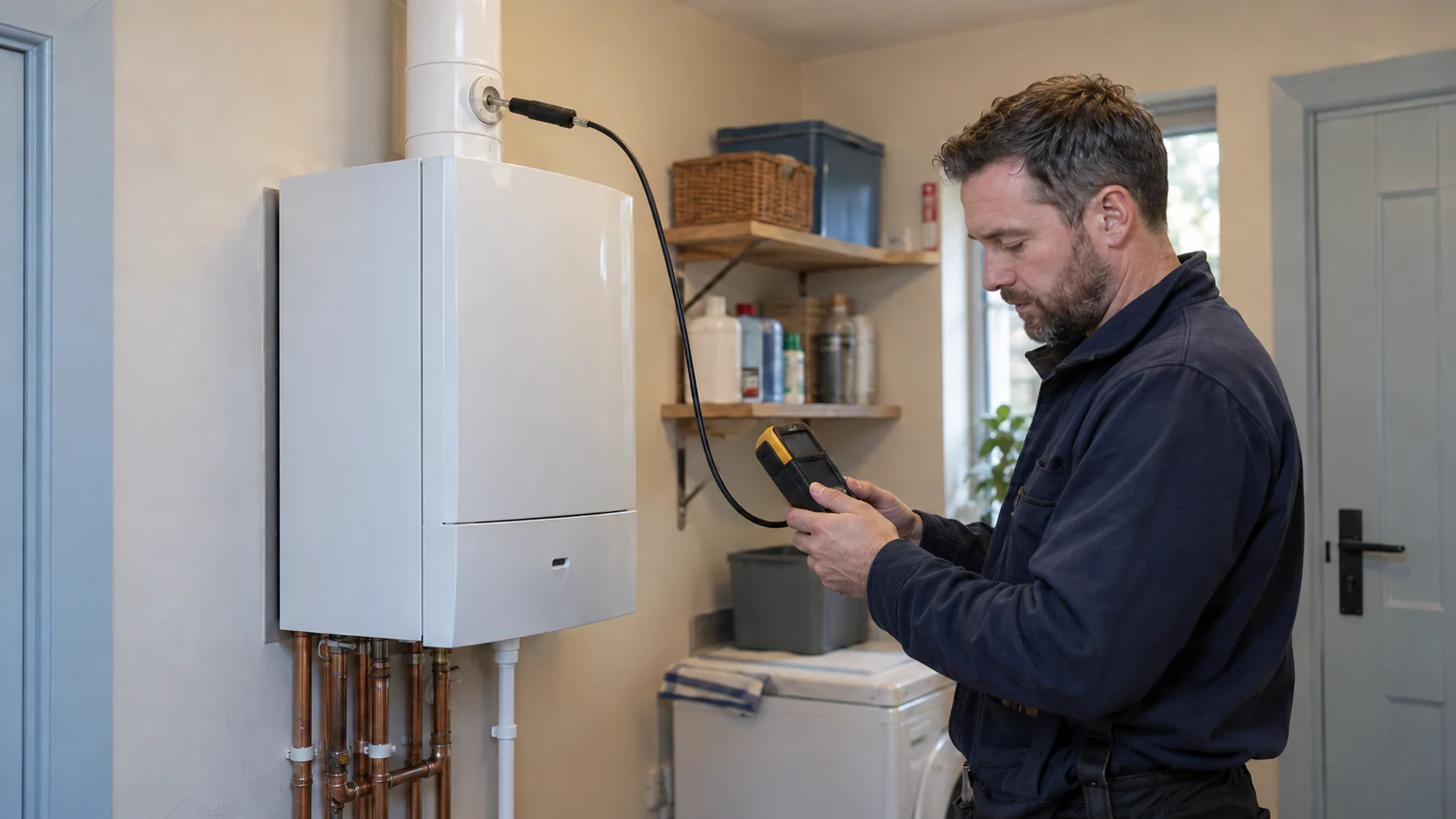 Heating engineer checking a combustion analyser connected to a boiler flue sampling point