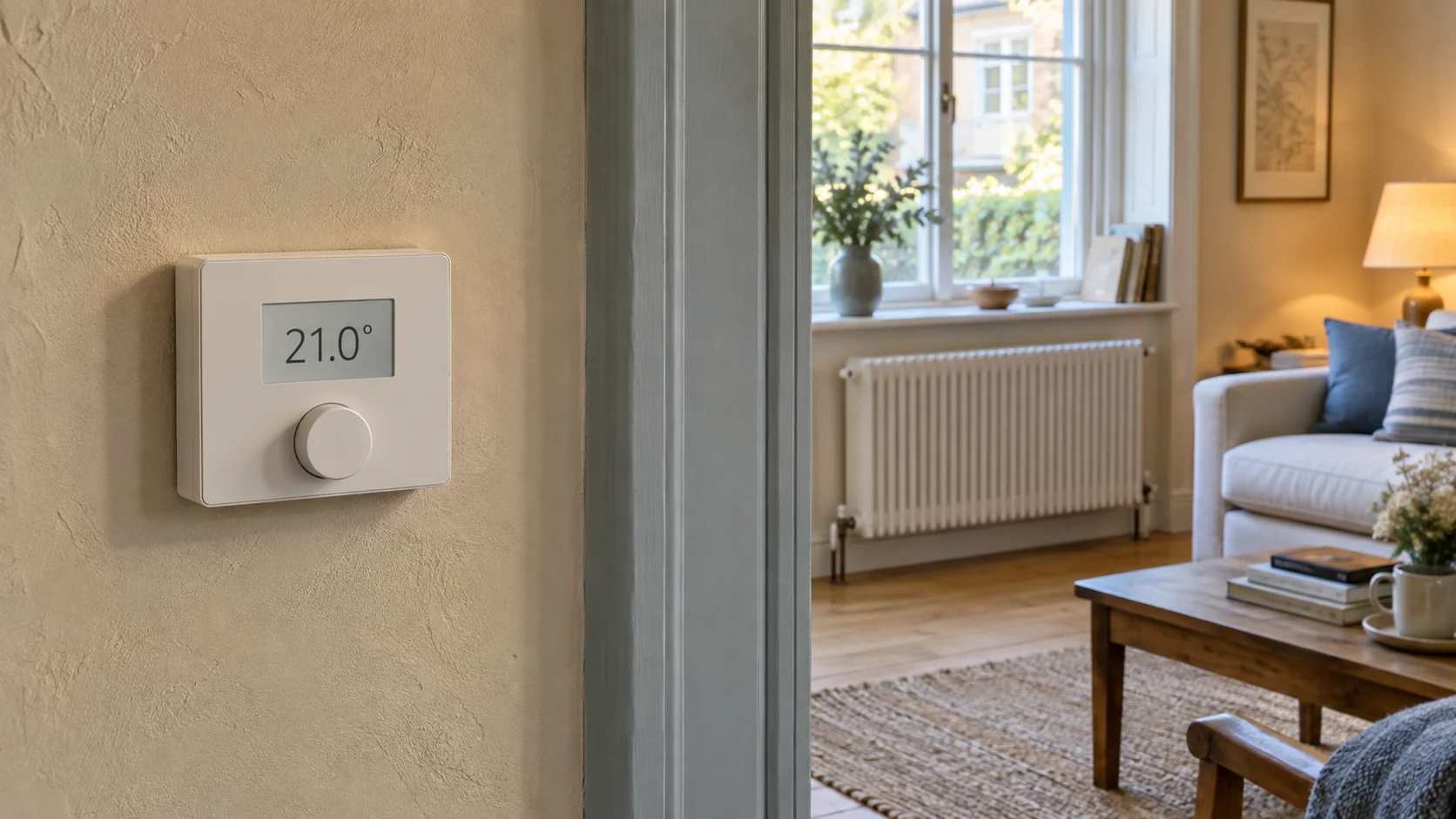 Wall-mounted digital heating controller in a period home with a radiator in the background