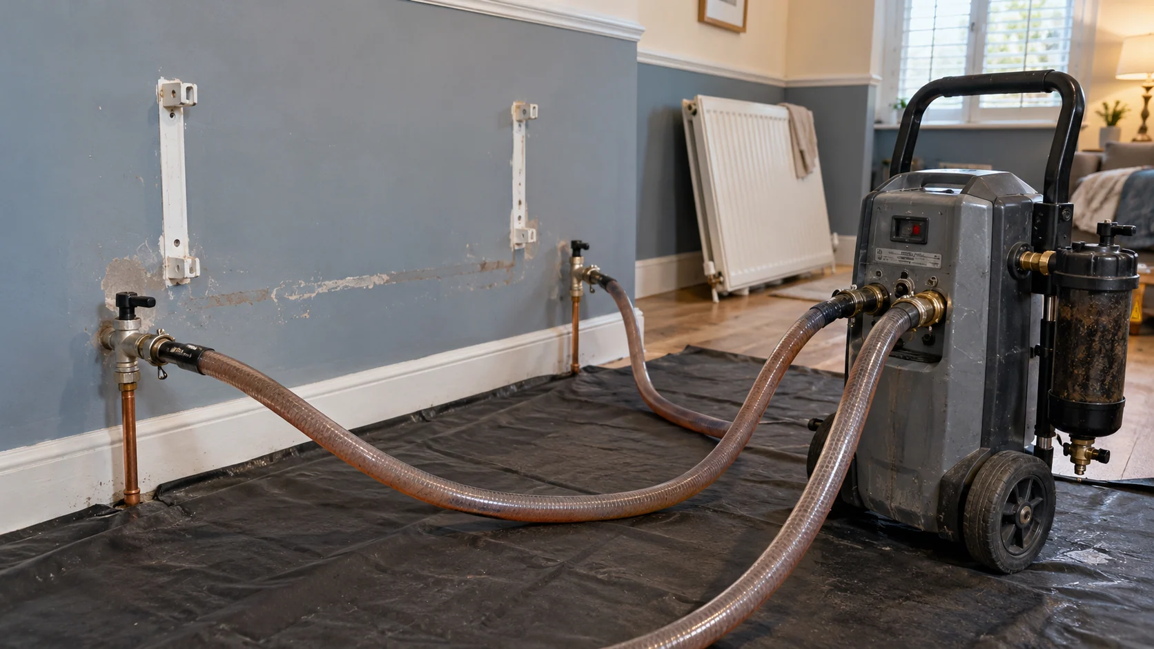 Powerflushing machine connected to a heating circuit through two radiator valve connections