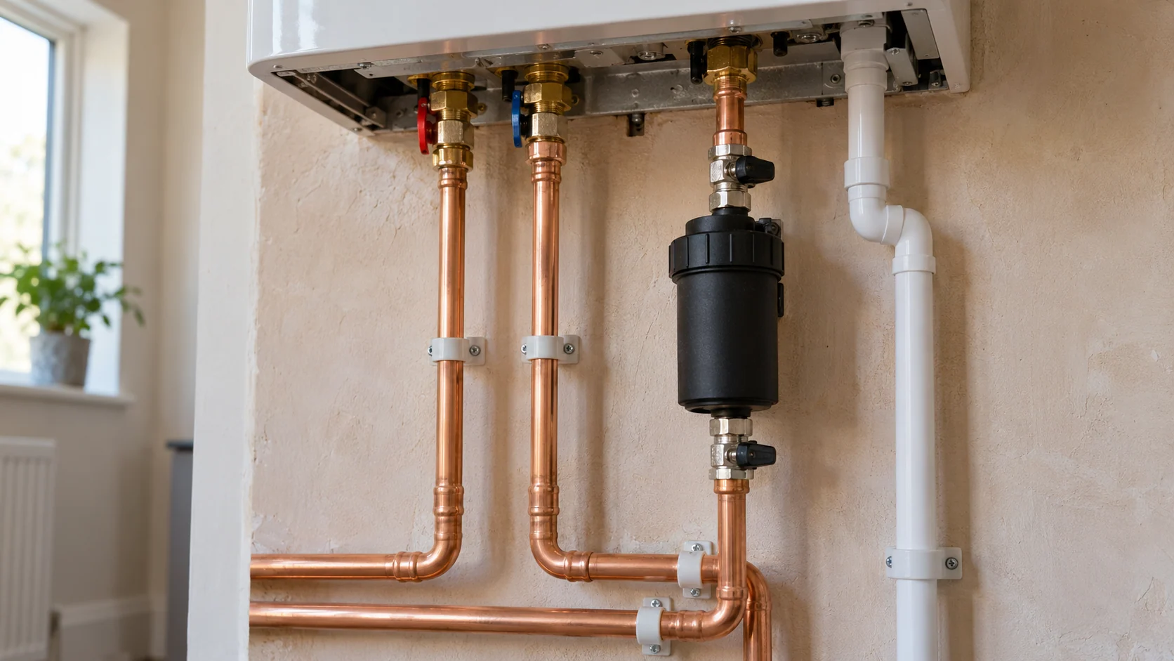 Close-up of copper press-fit heating pipework and an inline magnetic system filter