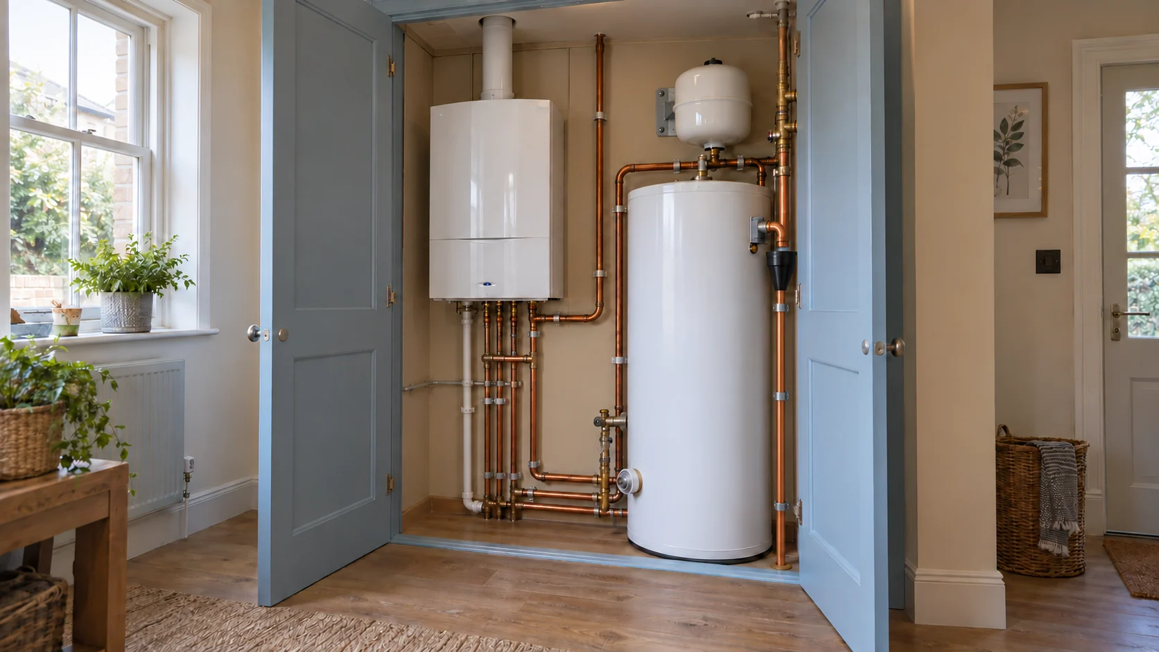 System boiler and hot-water cylinder with accessible pipework in a utility room