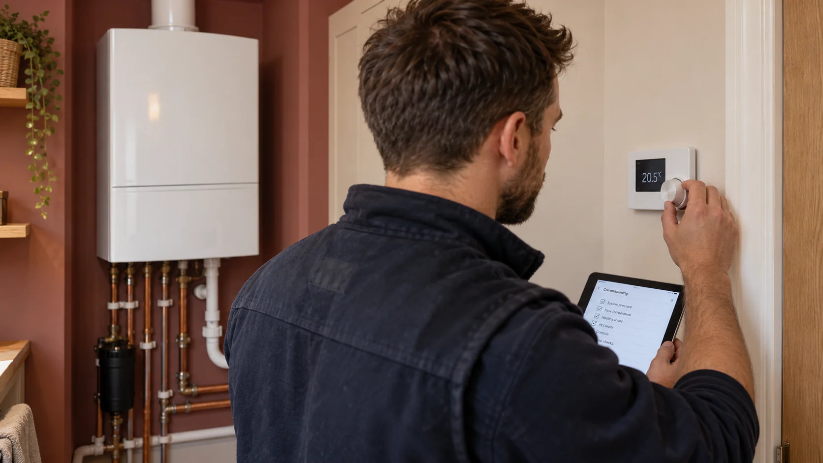 Heating engineer setting up a wall-mounted heating controller beside a completed boiler installation.