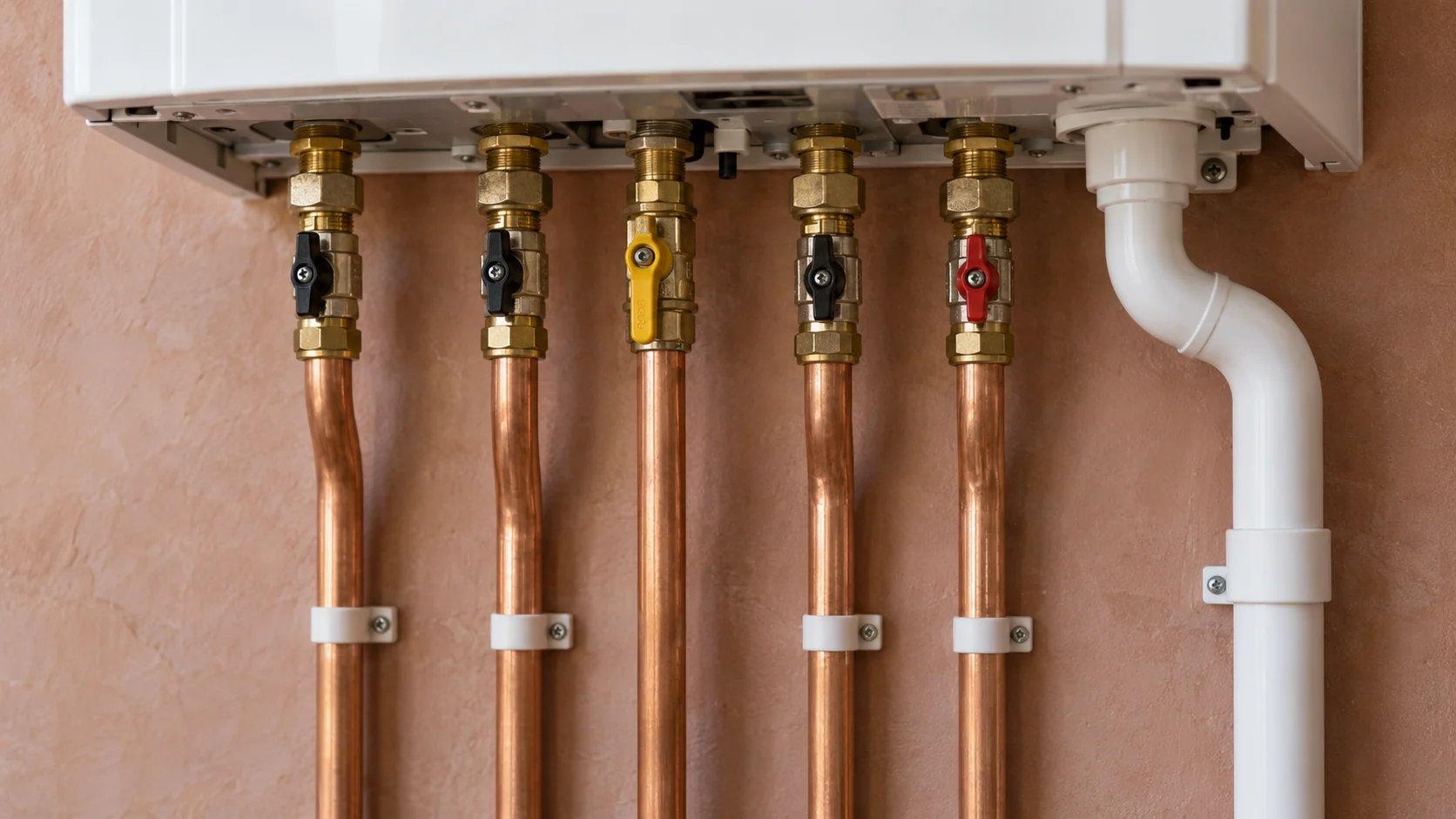 Close-up of boiler service connections, copper pipework and a separate white plastic condensate drain.