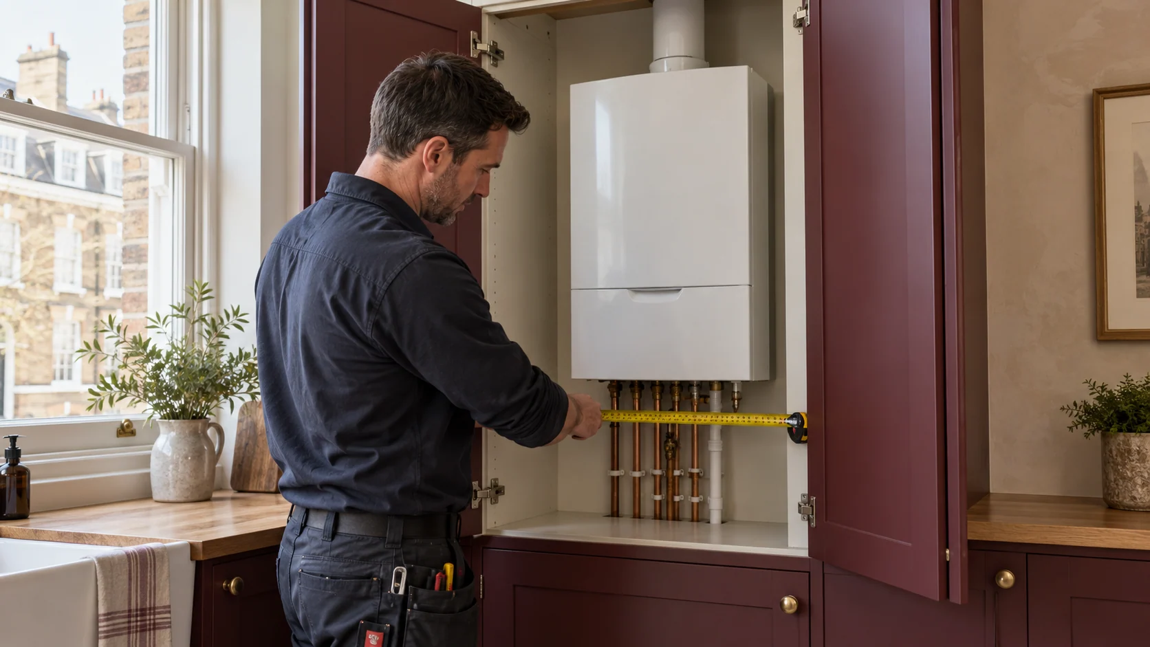Heating engineer measuring the available service space around a boiler in an open cupboard.