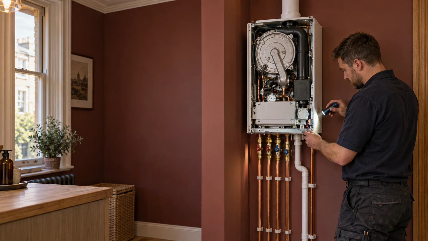 Heating engineer inspecting the connections beneath an open wall-mounted boiler against a burgundy plaster wall.