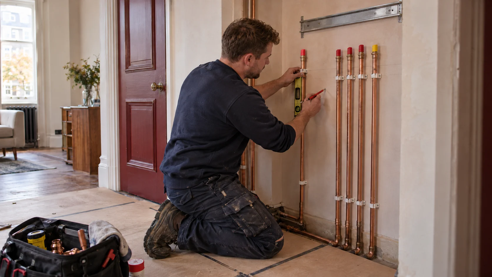 Heating installer aligning copper pipework in a new boiler position during a flat refurbishment.