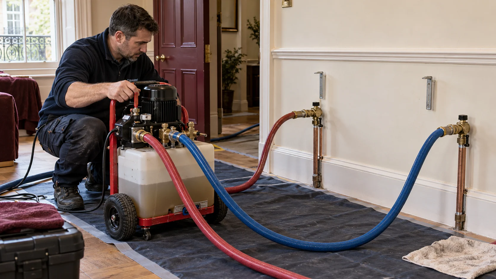 Heating engineer operating a powerflushing machine connected to heating pipework through temporary service adapters.
