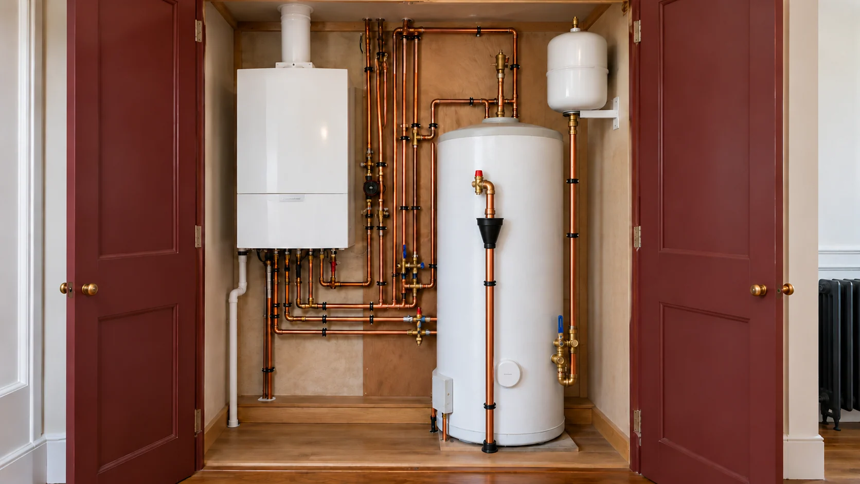 System boiler and insulated hot-water cylinder with accessible valves and neatly routed pipework.