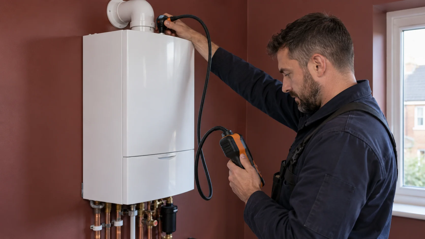 Heating engineer checking a flue gas analyser connected to the sampling point above a closed boiler.