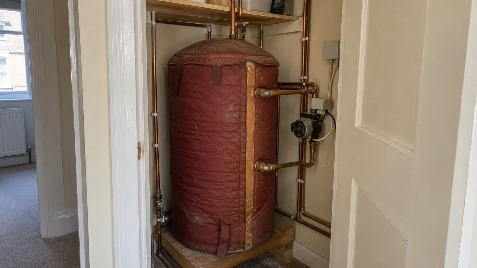 Older copper hot-water cylinder with an insulating jacket and connected pipework in an airing cupboard.