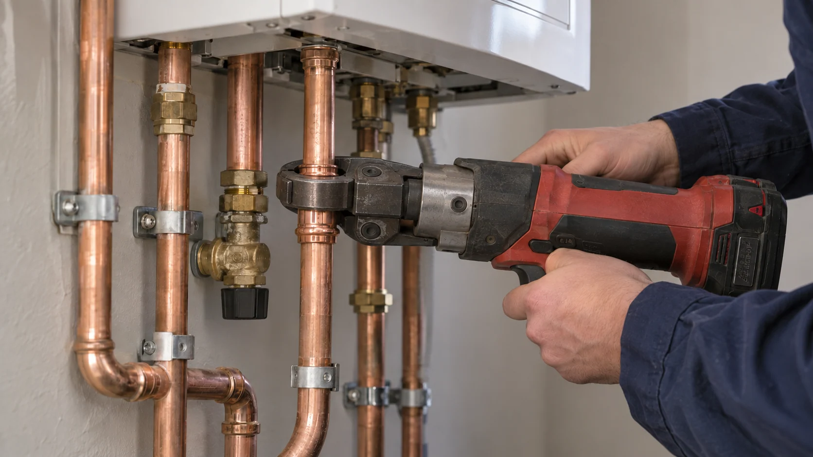 Installer using a press tool on a copper pipe fitting beneath a wall-mounted boiler.