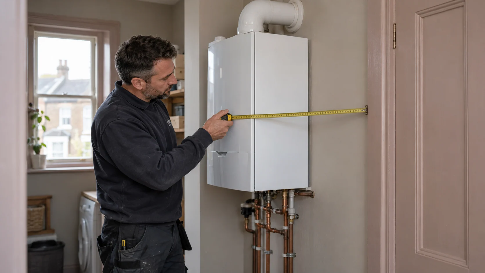 Heating engineer measuring the available installation space around an existing wall-mounted boiler.
