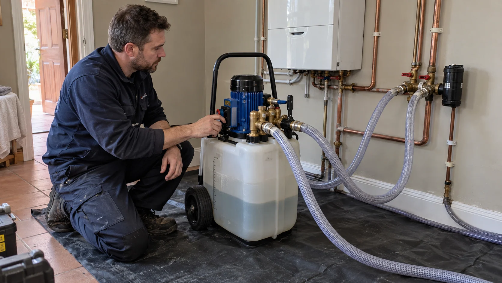 Heating engineer operating a portable powerflushing pump connected to heating-system pipework.