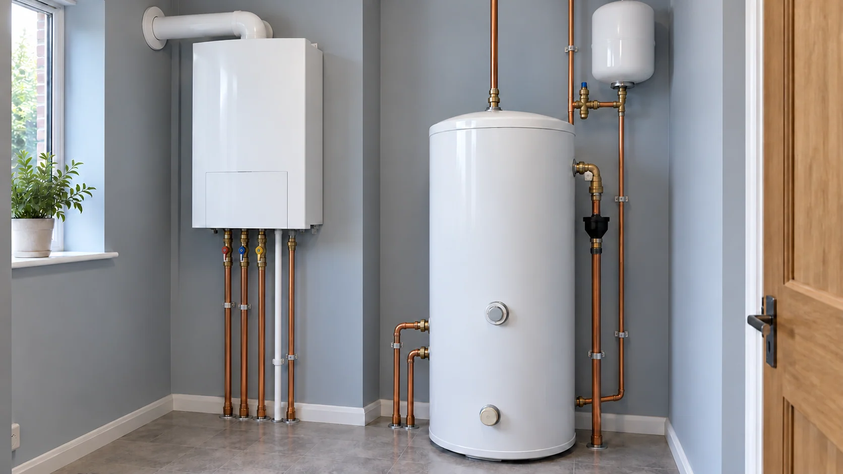 Wall-mounted system boiler beside an unvented hot-water cylinder in a domestic plant room.