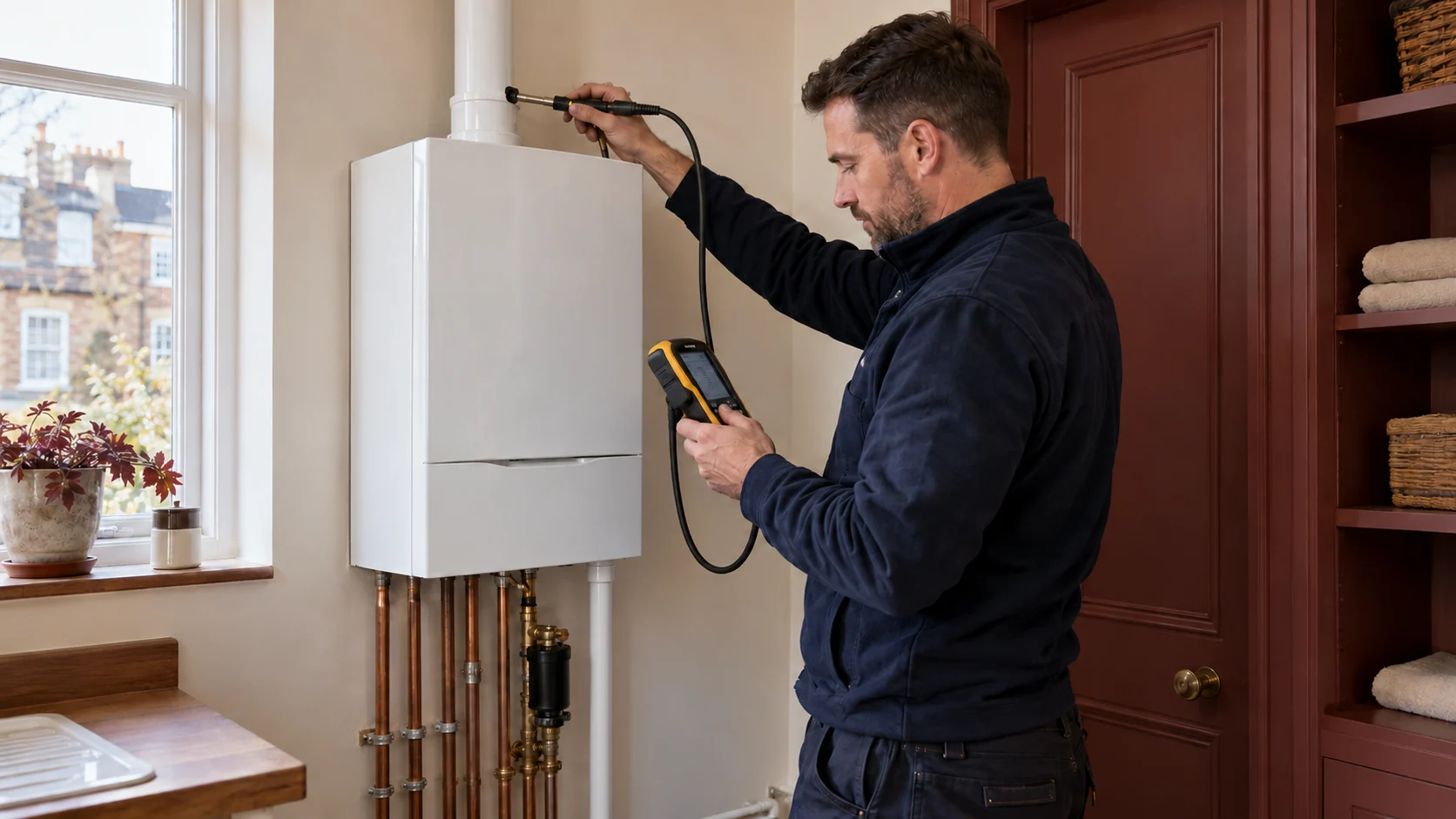 Heating engineer checking a flue-gas analyser during boiler commissioning.