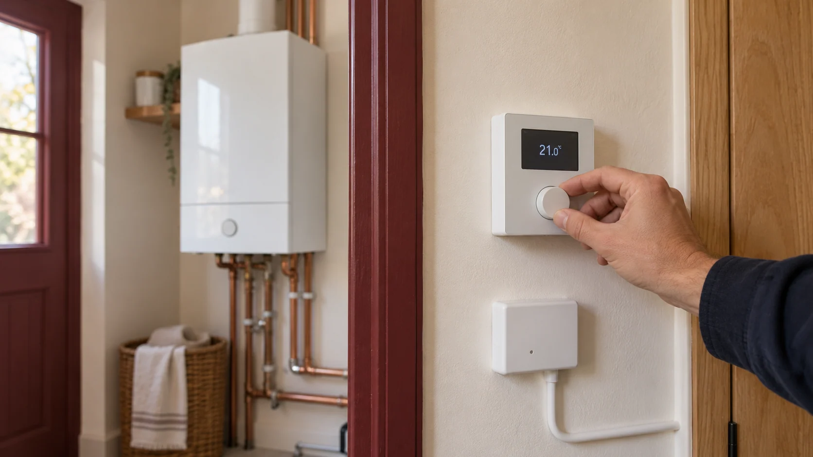 Wall-mounted heating controller with adjacent receiver and neatly contained wiring.