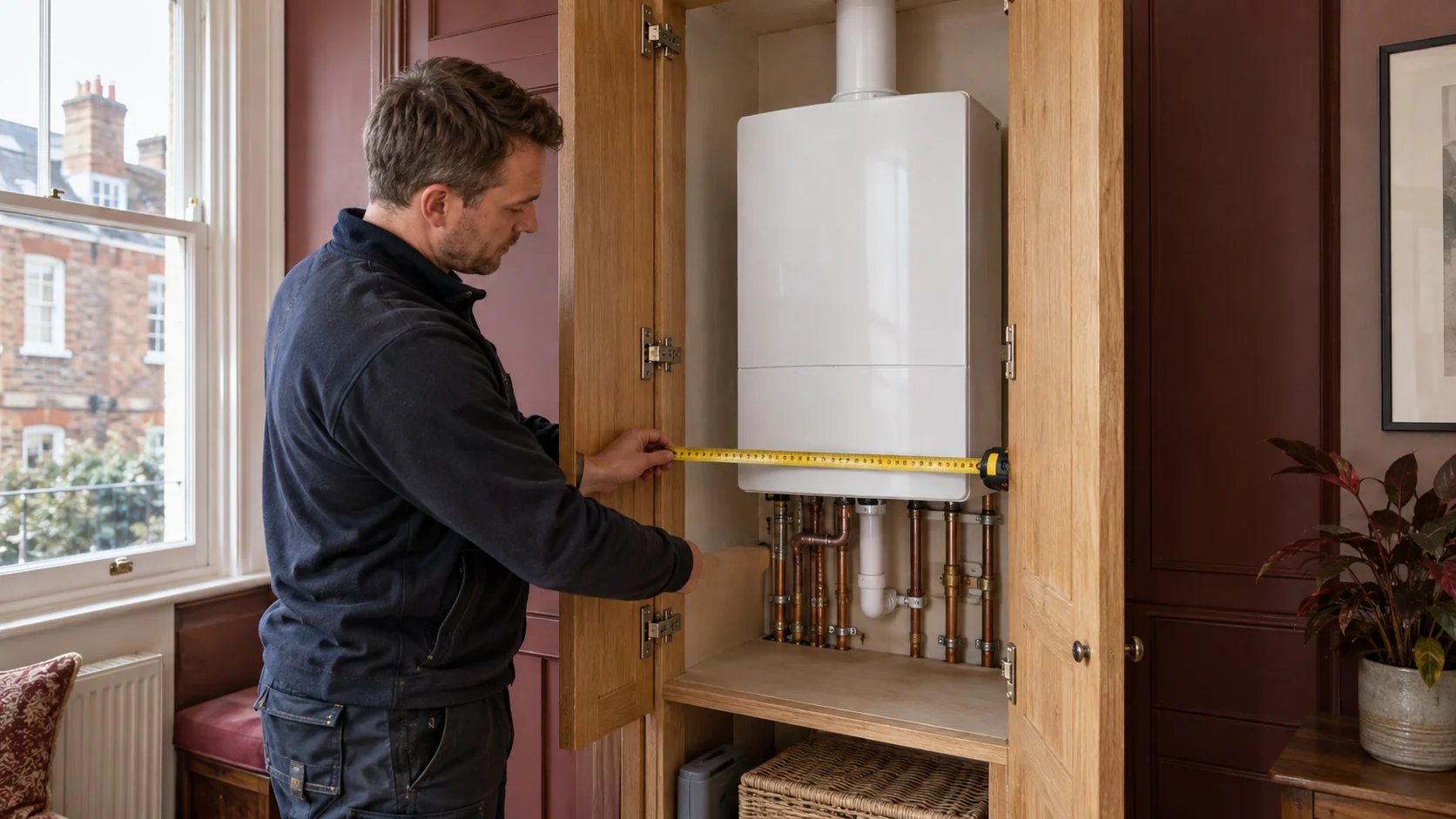 Heating engineer measuring the width of a boiler cupboard before replacement.