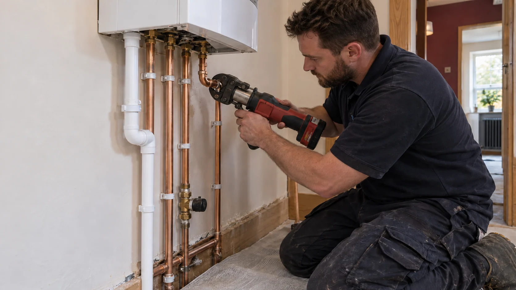 Installer pressing a copper heating connection below a boiler during refurbishment.