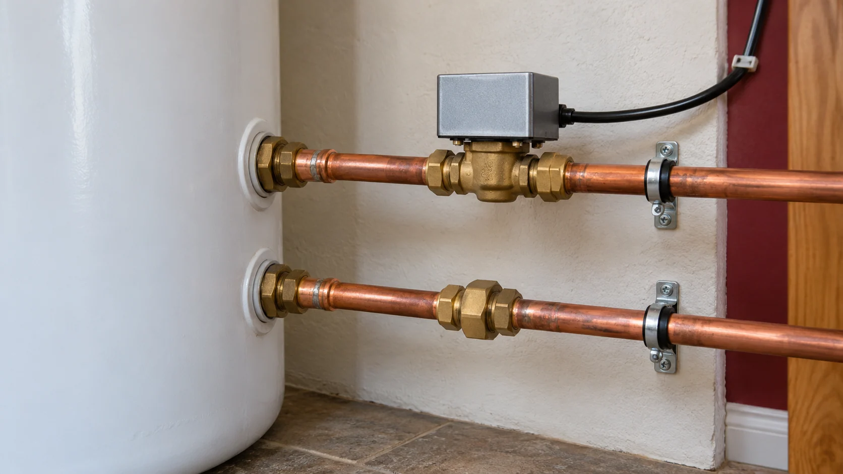 Copper primary connections and a motorised zone valve beside a hot-water cylinder.