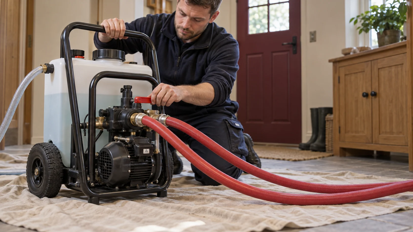 Engineer operating a powerflushing unit with connected circulation hoses.