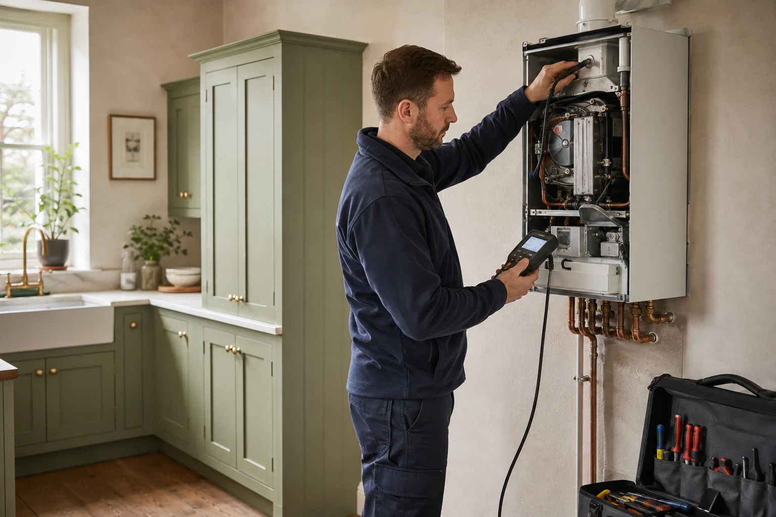 PEP heating engineer commissioning a wall-mounted boiler with a flue gas analyser in Hampstead.