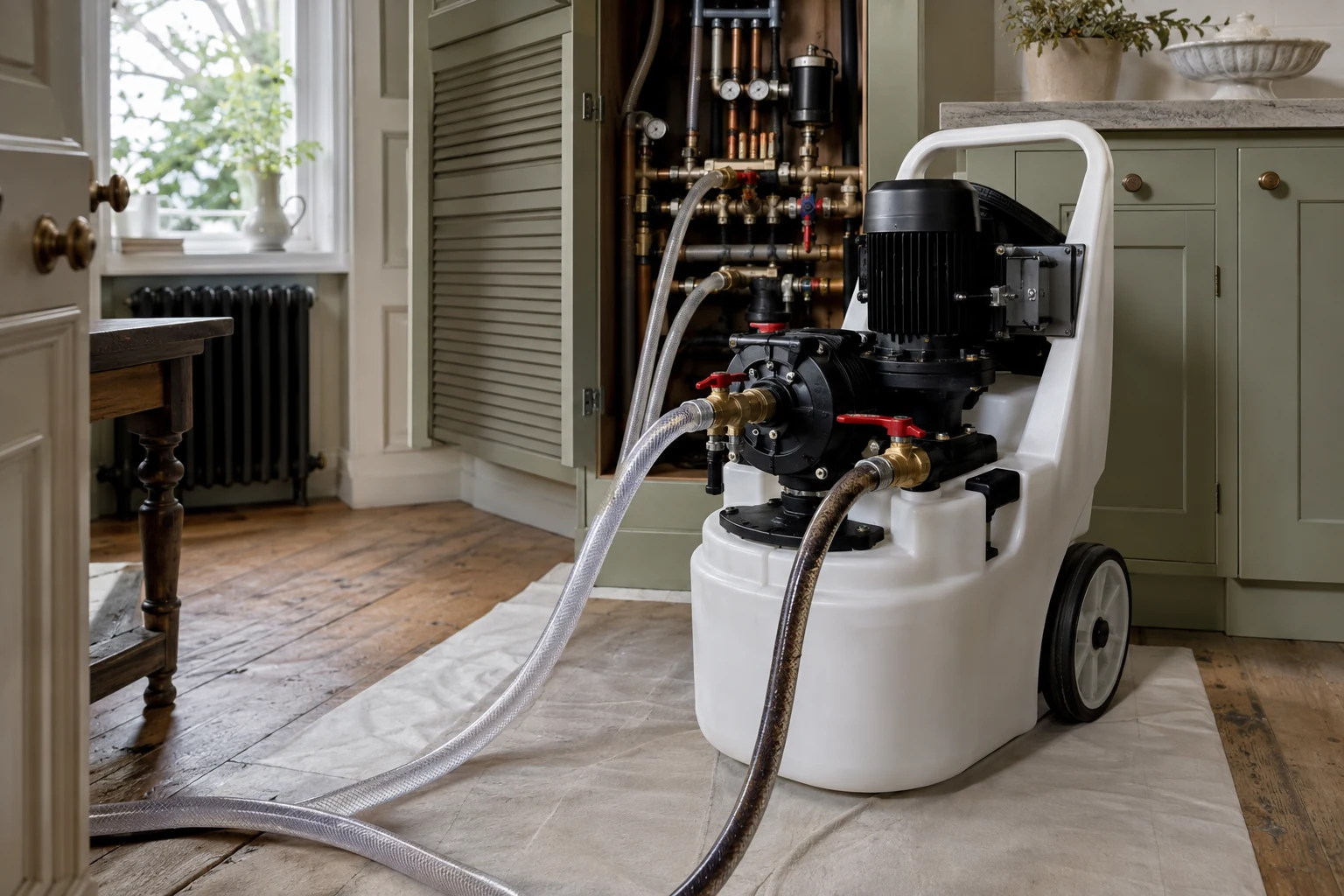 Professional PowerFlush machine cleaning a heating circuit in Hampstead.