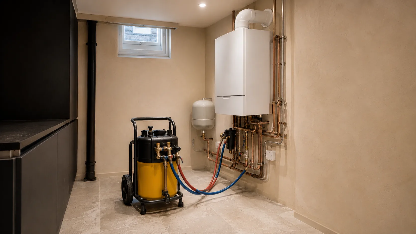 High-capacity PowerFlush machine connected to a heating circuit beside a wall-mounted boiler.