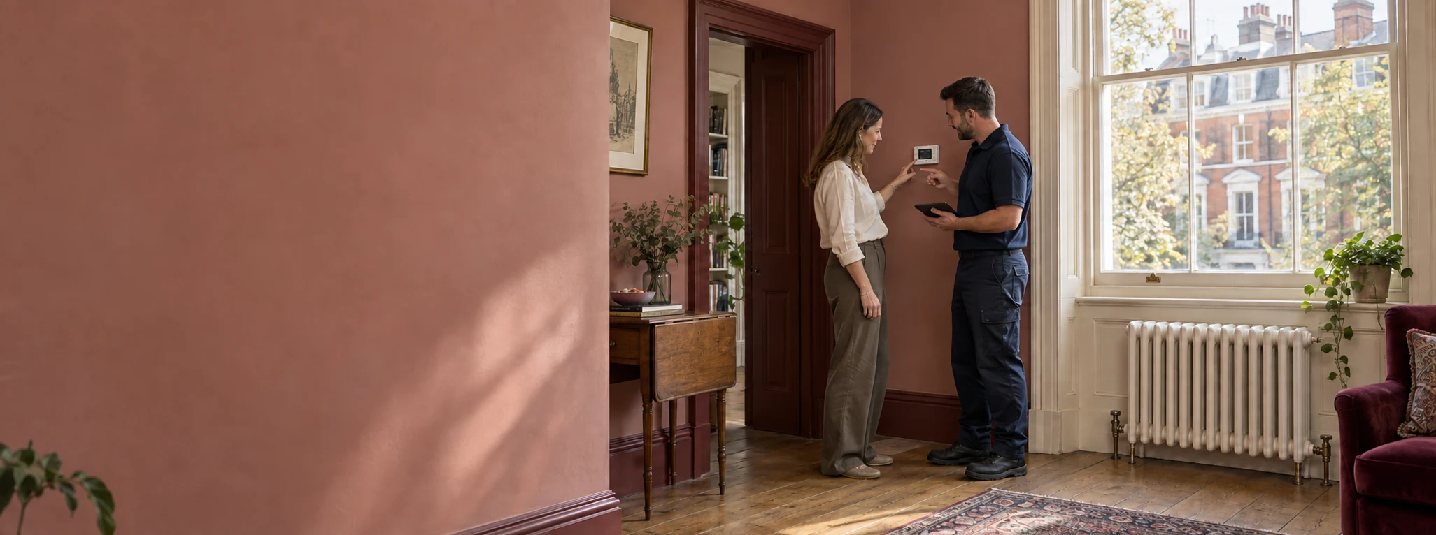 Illustration of a homeowner learning to use heating controls beside a column radiator and sash window.