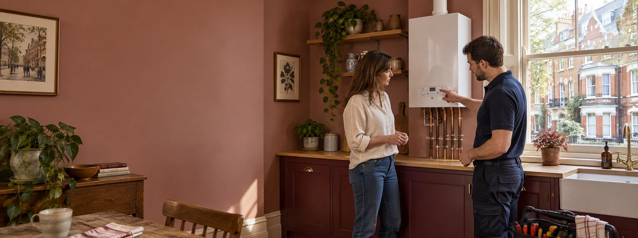 Illustration of a heating engineer explaining a new boiler to a homeowner in a rose-coloured Maida Vale interior.